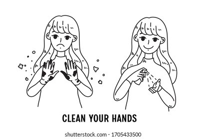 Hand drawn style cute woman vector illustrations. Don't touch your face. Coronavirus prevention. Clean your hands. Use a handkerchief. Use for website, card and other design