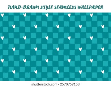 Hand drawn style dark blue checkered and hearts. Blue color lovely gingham seamless vector background. Retro style Valentine's Day theme gift wrapping wallpaper. Romantic vintage love girl Y2K