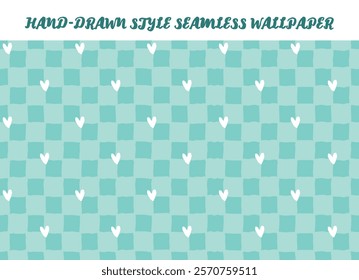 Hand drawn style dark blue checkered and hearts. Blue color lovely gingham seamless vector background. Retro style Valentine's Day theme gift wrapping wallpaper. Romantic vintage love girl Y2K