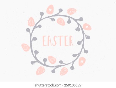 Hand drawn style easter eggs wreath greeting card template.