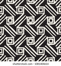 Hand drawn style ethnic seamless pattern. Abstract grungy geometric shapes background in black and white.