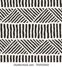 Hand drawn style ethnic seamless pattern. Abstract geometric lines tiling background in black and white.