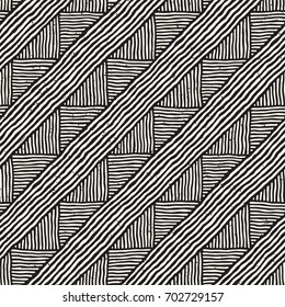 Hand drawn style ethnic seamless pattern. Abstract geometric lines tiling background in black and white.