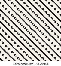 Hand drawn style ethnic seamless pattern. Abstract geometric tiling background in black and white. Vector vintage freehand doodle texture.
