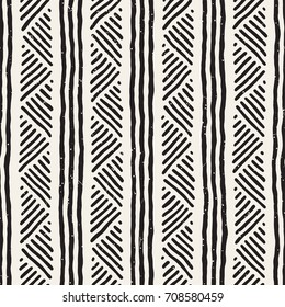 Hand drawn style ethnic seamless pattern. Abstract geometric lines tiling background in black and white.