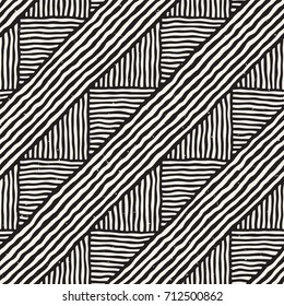 Hand drawn style ethnic seamless pattern. Abstract geometric lines tiling background in black and white.