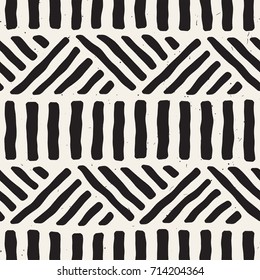Hand drawn style ethnic seamless pattern. Abstract geometric lines tiling background in black and white.