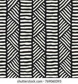 Hand drawn style ethnic seamless pattern. Abstract geometric lines tiling background in black and white.