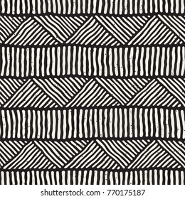 Hand drawn style ethnic seamless pattern. Abstract geometric lines tiling background in black and white.