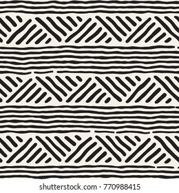 Hand drawn style ethnic seamless pattern. Abstract geometric lines tiling background in black and white.