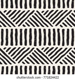 Hand drawn style ethnic seamless pattern. Abstract geometric lines tiling background in black and white.