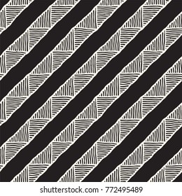 Hand drawn style ethnic seamless pattern. Abstract geometric lines tiling background in black and white.