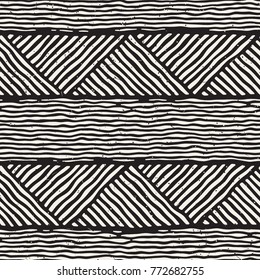 Hand drawn style ethnic seamless pattern. Abstract geometric lines tiling background in black and white.