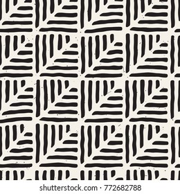 Hand drawn style ethnic seamless pattern. Abstract geometric lines tiling background in black and white.