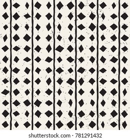 Hand drawn style ethnic seamless pattern. Abstract grungy geometric shapes background in black and white.