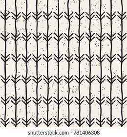 Hand drawn style ethnic seamless pattern. Abstract grungy geometric shapes background in black and white.