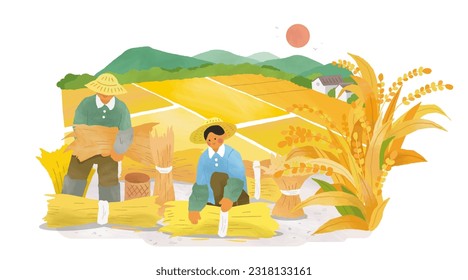 Hand drawn style farmers ties up grain stalks into sheaf in rice field. Beautiful view of sunset among village around paddy, and mountains.