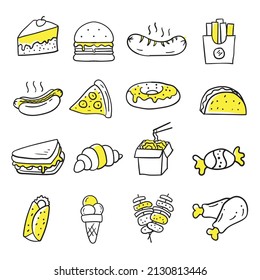hand drawn style of fast food icon set vector. Suitable for food and beverage, bar or restaurant or for teaching media or coloring book for kids or for young learners.