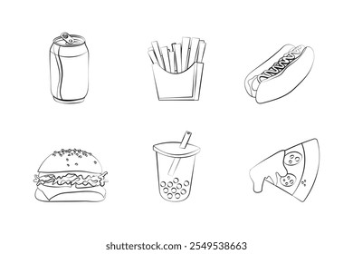 Hand drawn style fast food combo. Comic doodle sketch style. Vector illustration