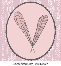 Hand drawn style feather frame pastel vector design