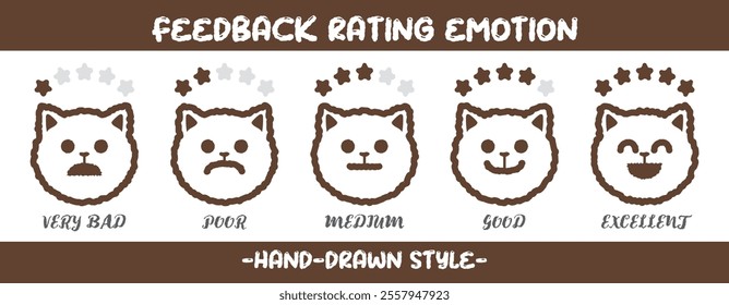 Hand drawn style feedback emoticons rating outline cat emoji icon set with five-star rating. Level of user experience satisfaction rating. Customer service satisfied. Rate levels on scale kitten face.