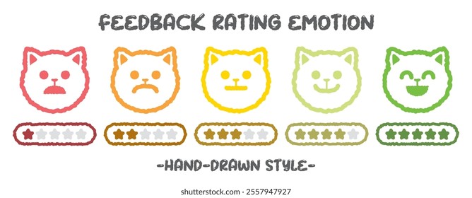 Hand drawn style feedback emoticons rating colorful outline cat emoji icon set with five-star rating. Level of user experience satisfaction rating. Customer service. Rate levels on scale kitten face.