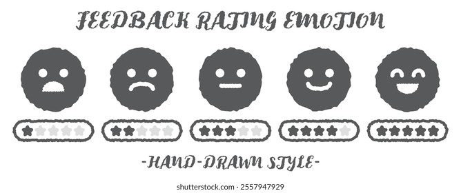 Hand drawn style feedback emoticons rating emoji icon set with five-star rating. Level of user experience satisfaction rating. Customer service and satisfaction. Rate levels on scale different faces. 