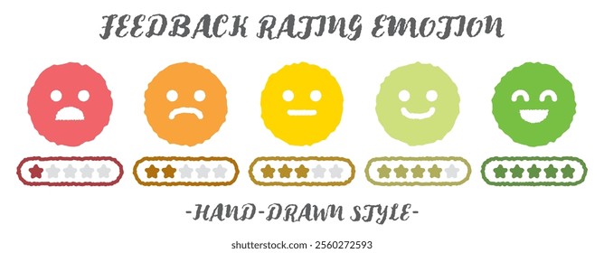 Hand drawn style feedback emoticons colorful rating emoji icon set with five-star rating. Level of user experience satisfaction rating. Customer service and satisfaction. Rate levels on scale faces.