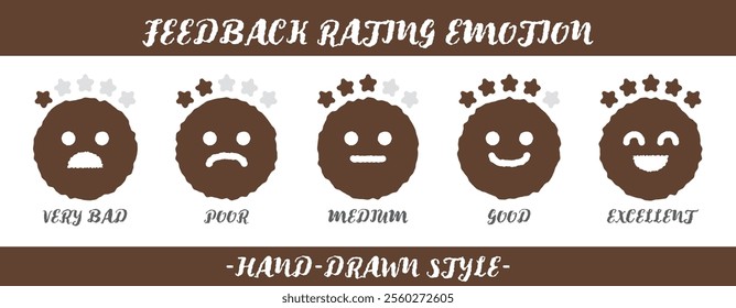 Hand drawn style feedback emoticons rating emoji icon set with five-star rating. Level of user experience satisfaction rating. Customer service and satisfaction. Rate levels on scale different faces. 