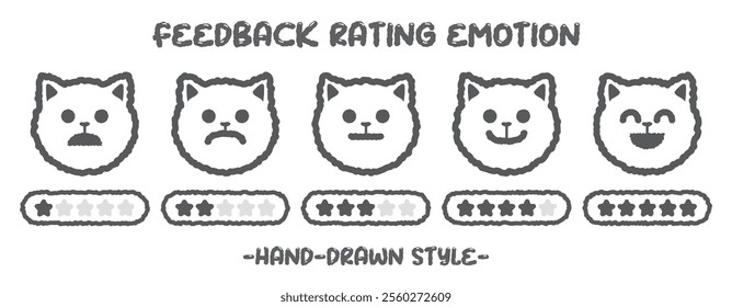 Hand drawn style feedback emoticons rating outline cat emoji icon set with five-star rating. Level of user experience satisfaction rating. Customer service satisfied. Rate levels on scale kitten face.