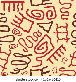 Hand drawn style flat red color abstract curly line art shape seamless pattern on light background for wallpaper, packaging and textile. Contemporary geometric elements endless fabric.