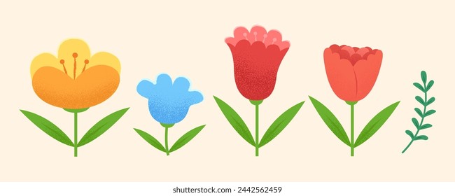 Hand drawn style flower element set isolated on pale yellow background.