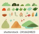 Hand drawn style foliage, flowers and mountains natural elements isolated on beige background.