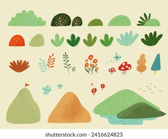 Hand drawn style foliage, flowers and mountains natural elements isolated on beige background.