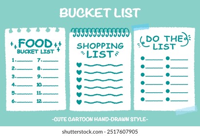 Hand drawn style food bucket lists set. Colorful crayon drawing shopping checklists. Cartoon doodle style do the list. Cute doodle style weekend wish list memo. Chart, Idea, Paper note Memo blank