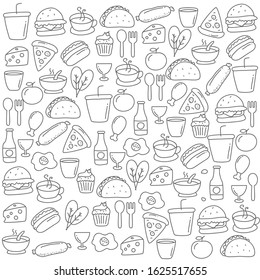 Hand drawn style of foods doodle elements such as burger, vegetable, hot dog, drinks and more. Food doodle background 