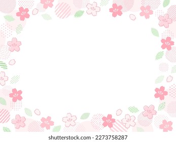 Hand drawn style frame illustration of pink cherry blossoms with yellow green leaves 