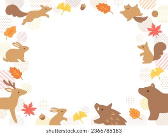 Hand drawn style frame illustration of  forest animals, autumn leaves, circles with dots and stripes