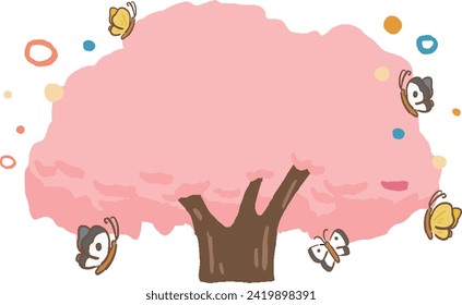 Hand drawn style frame illustration of cherry blossom tree and butterfly