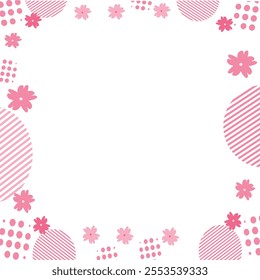 Hand drawn style frame illustration of cherry blossoms and circles with dot and stripe patterns