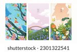 Hand drawn style of girl dancing around birds and sakura, couple holding hands in meadow, insects and botanical environment. Translation: Beginning of Summer, Rain Water, Awakening of Insects.