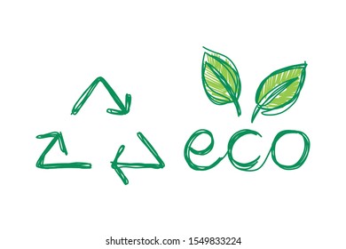 Hand drawn style of graphic elements for eco-friendly concept. Recycle icon with text and green leaves.