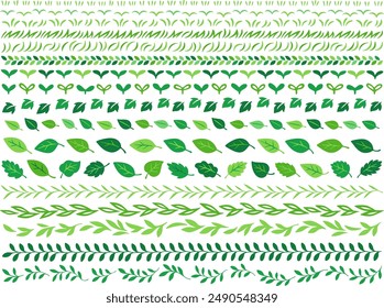 Hand drawn style green plants, grass and leaves border line illustration set