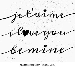 Hand drawn style greeting card for St. Valentine's Day in black and white. Je t'aime - I Love You in French.