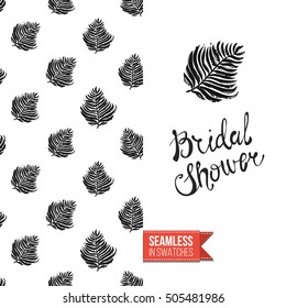 Hand drawn style greeting card for outdoor celebrations or wedding, inspired by eco forest symbolism. Seamless pattern with on one side. On another inscription: bridal shower. Vector template.