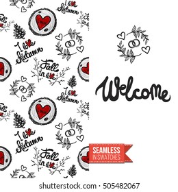 Hand drawn style greeting card for outdoor celebrations or wedding, inspired by eco forest symbolism. Seamless pattern with on one side. On another inscription: welcome. Vector template.