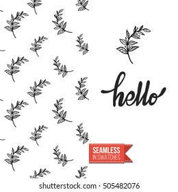 Hand drawn style greeting card for outdoor celebrations or wedding, inspired by eco forest symbolism. Seamless pattern with on one side. On another inscription: hello. Vector template.