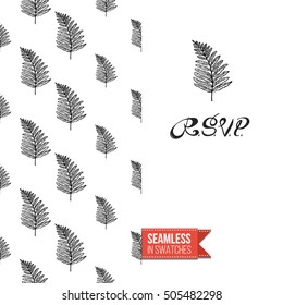 Hand drawn style greeting card for outdoor celebrations or wedding, inspired by eco forest symbolism. Seamless pattern with on one side. On another inscription: rsvp. Vector template.