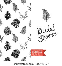 Hand drawn style greeting card for outdoor celebrations or wedding, inspired by eco forest symbolism. Seamless pattern with on one side. On another inscription: bridal shower. Vector template.