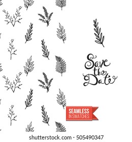 Hand drawn style greeting card for outdoor celebrations or wedding, inspired by eco forest symbolism. Seamless pattern with on one side. On another inscription: save the date. Vector template.
